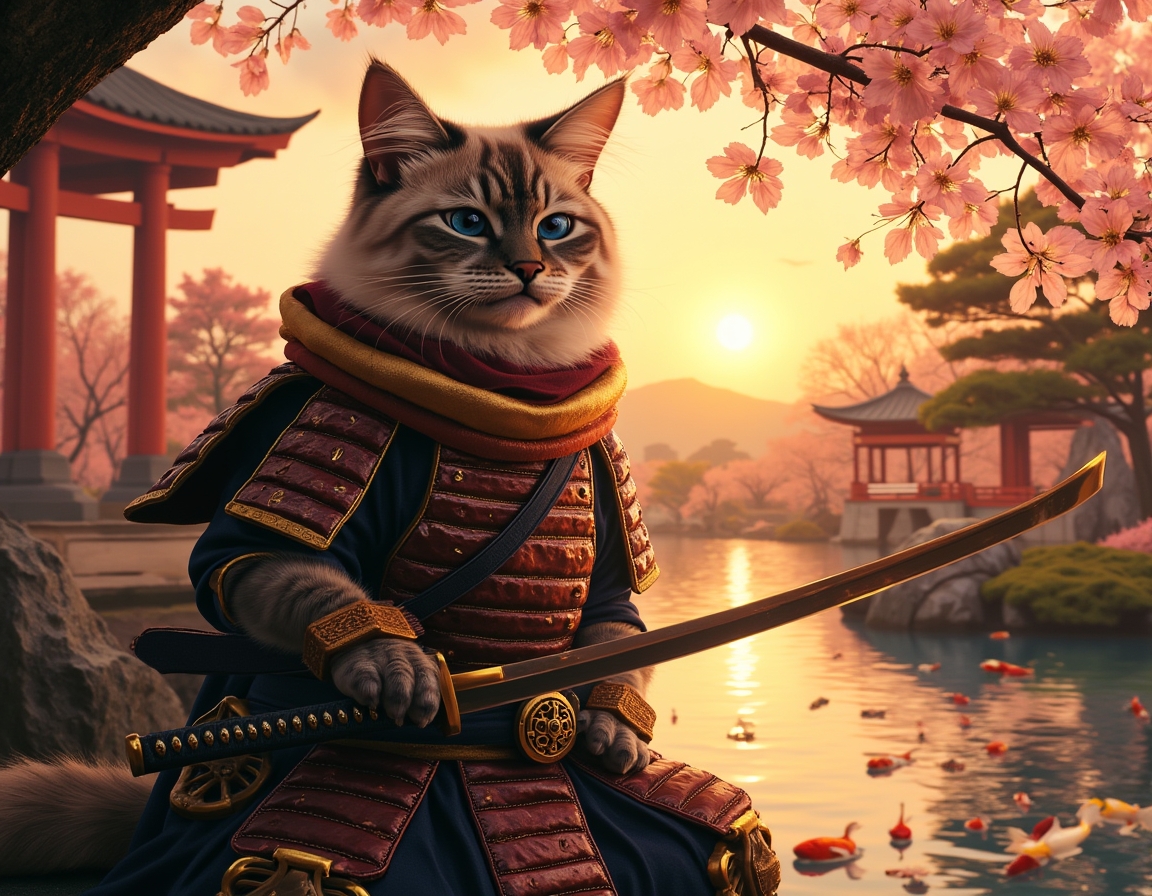 Cat dressed in ornate samurai armor sits in a serene Japanese garden at sunset. Cherry blossoms fall gently, and a koi pond reflects the golden light of the sky.